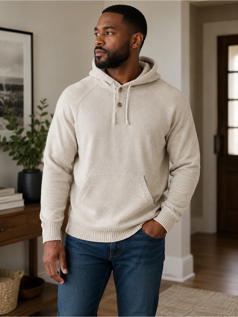 St. John’s Bay Cream Hooded Knit Pullover with Henley Buttons
